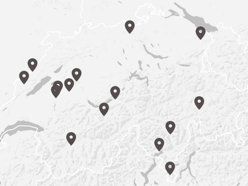 Schweizer Karte mit Lokalisierung der Fallstudien des Projekts Climate Resilient Cultural Heritage